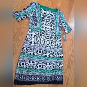 Vince Camuto Patterned Elbow Sleeve Crepe Knit Dress 8 Green/Multi $128 Nwt